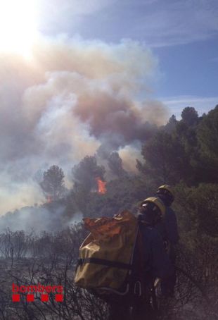 Una trentena d'efectius intenten apagar l'incendi a Cala Montjoi