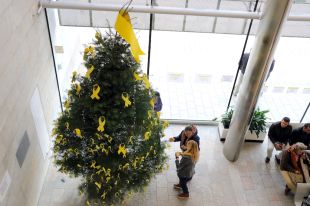 Els treballadors de la Generalitat a Girona tornen a omplir de llaços grocs l'arbre de Nadal