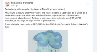 La CUP de la Bisbal acusa Junts de no voler pactar amb ERC i festejar el PSC