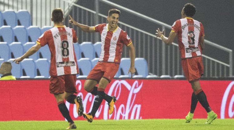 Juanpe després celebrant el tercer gol del Girona FC. Girona FC