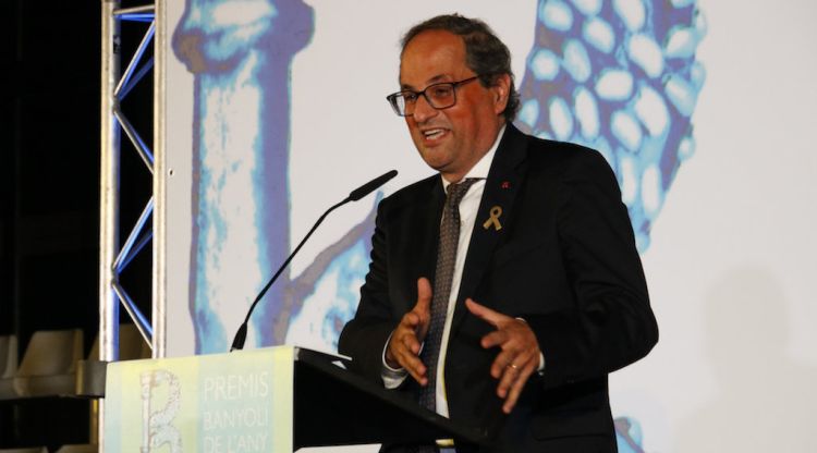 El president de la Generalitat, Quim Torra, en el seu discurs de l'acte d'entrega del premi Banyolí de l'Any. ACN