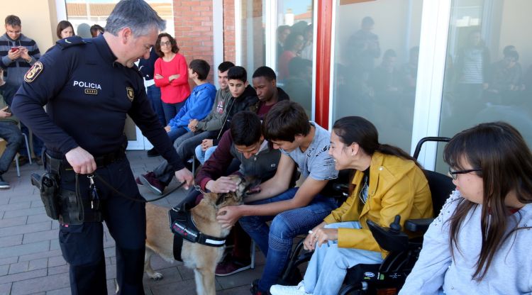 Els Mossos de la unitat canina, durant el taller amb els joves de la Fundació Astrid 21. ACN