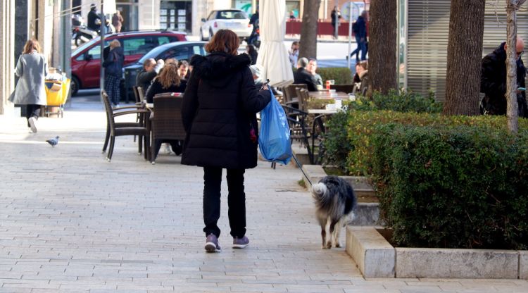Una dona passejant un gos pel centre de Girona, aquest matí. ACN