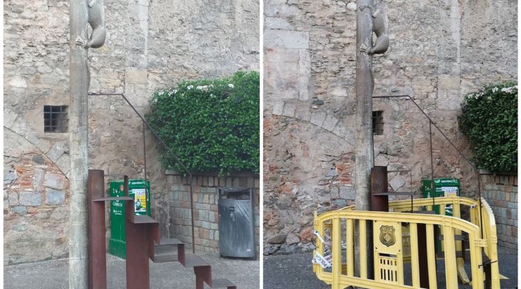 L'estàtua del Cul de la Lleona, abans i després de restituir-se les tanques