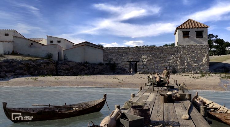 La recreació en tres dimensions sobre l'antic port grec d'Empúries al segle II aC, amb les passeres de fusta damunt la sorra de la platja
