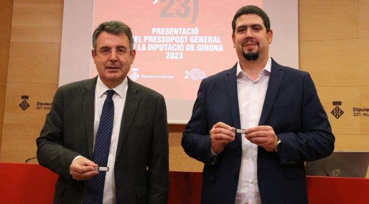 El president de la Diputació de Girona, Miquel Noguer, i el vicepresident, Pau Presas, a la presentació del pressupost 2023. ACN