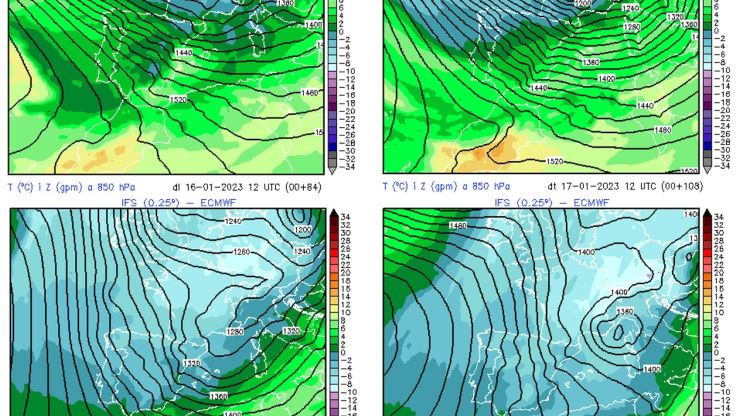 Model ECMWF per dilluns al migdia (dalt a l’esquerra), per dimarts al migdia, dimecres al migdia i dijous al migdia (baix a la dreta)