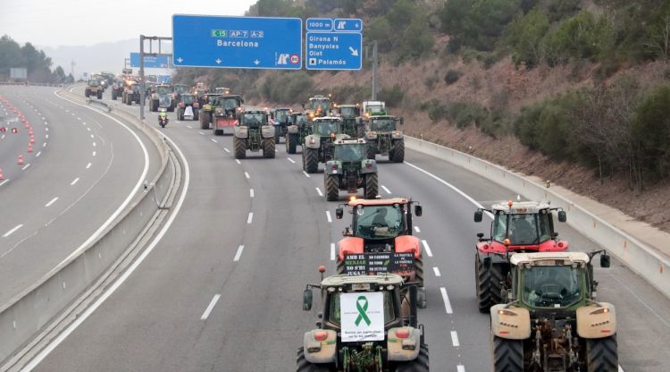 La columna de tractors avançant per l'AP-7 des de Medinyà fins a Barcelona. ACN