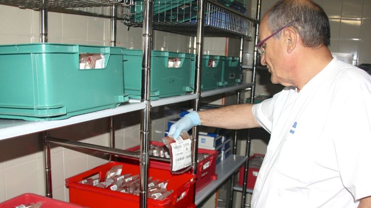 El doctor Profitós a la nevera on hi ha l'estoc de bosses de sang, a l'Hospital Josep Trueta © ACN
