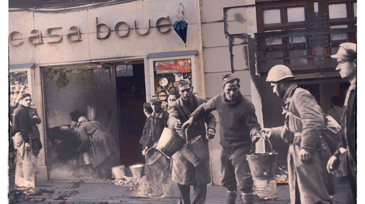 Fotmuntatge de les tropes intentant apagar la casa Boué © Arxiu de Girona